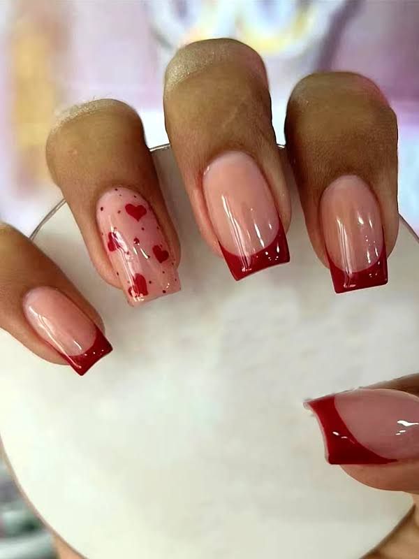 Pink And Red Valentine Nails Acrylic, Simple Square Nail Designs, Biab Designs, Valentines Nails Square, Valentines Day Nails Square, Valentines Nail Set, Red And Pink Nails, Valentine Nails Pink, Bday Nails