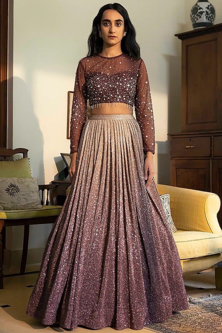 Full Sleeve Blouse Designs, Sleeve Blouse Designs, Shimmer Lehenga, Long Sleeve Blouse Designs, Long Skirt Top Designs, Lehenga With Dupatta, Netted Blouse Designs, Blouse Tops Designs, Crop Top Lehenga