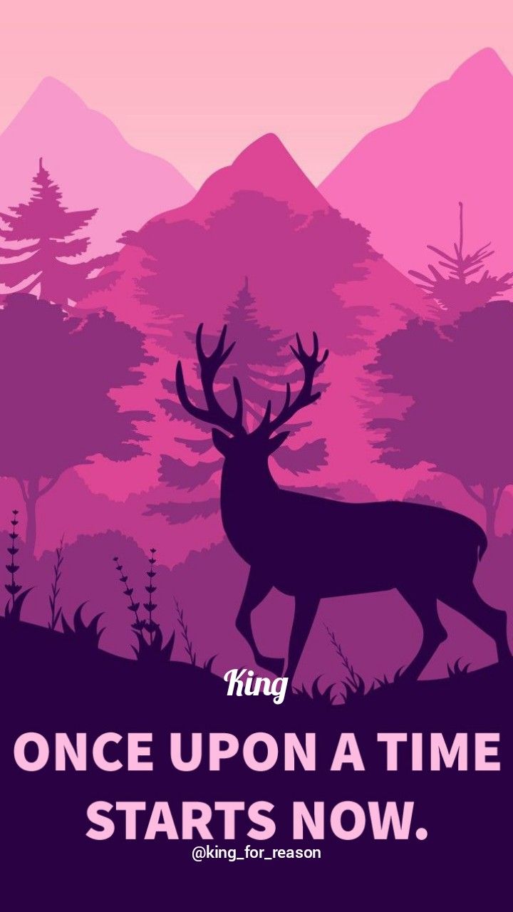 the silhouette of a deer in front of a pink and purple mountain range with trees