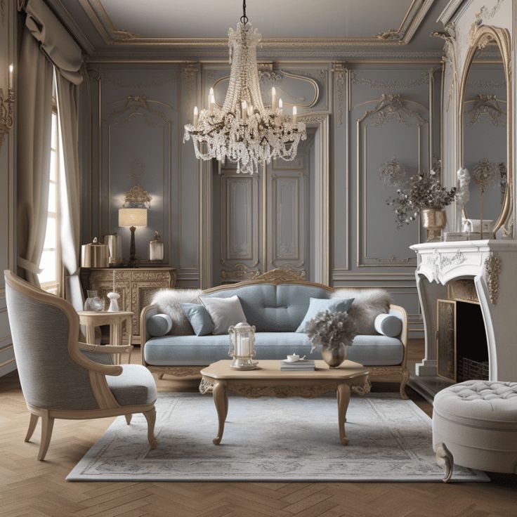 a living room filled with furniture and a chandelier