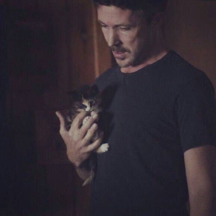 a man holding a kitten in his hands