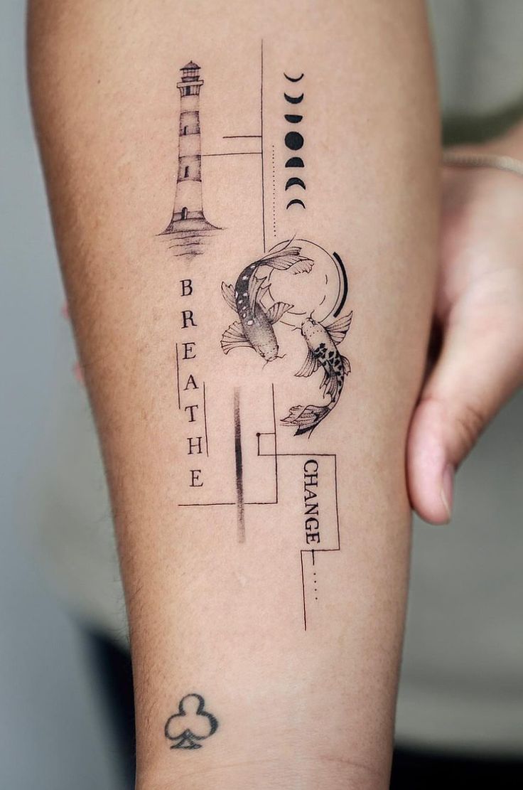 a person with a tattoo on their leg that has words and symbols all over it