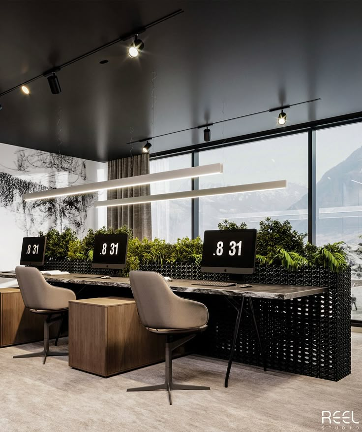 an office with two desks and chairs in front of large windows that have plants growing on them