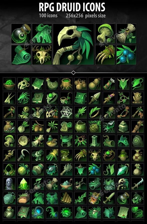 an array of green and black images with text that reads, rpg druid icons