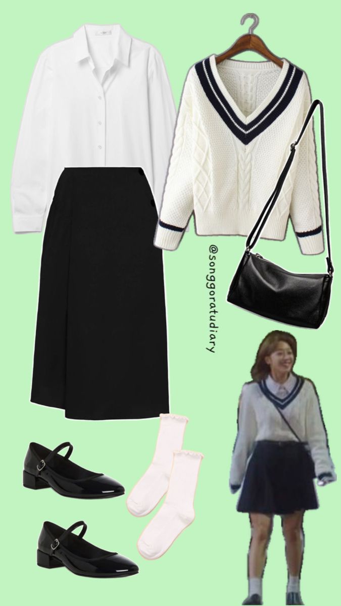 Lee Hong Jo Bo Ah Destined With You KDrama Inspired Outfit Black & White OOTD White Ootd, Sweater Ootd, Jo Bo-ah, Korean Fashion Dress, Skirt White, White Sweater, College Outfits, Black Skirt, White Sweaters