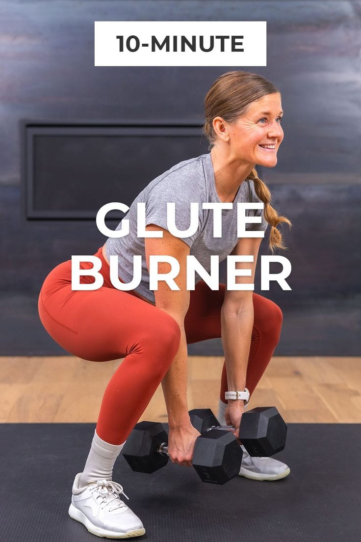 a woman squats with two dumbbells in front of her and the words, 10 - minute glute burner