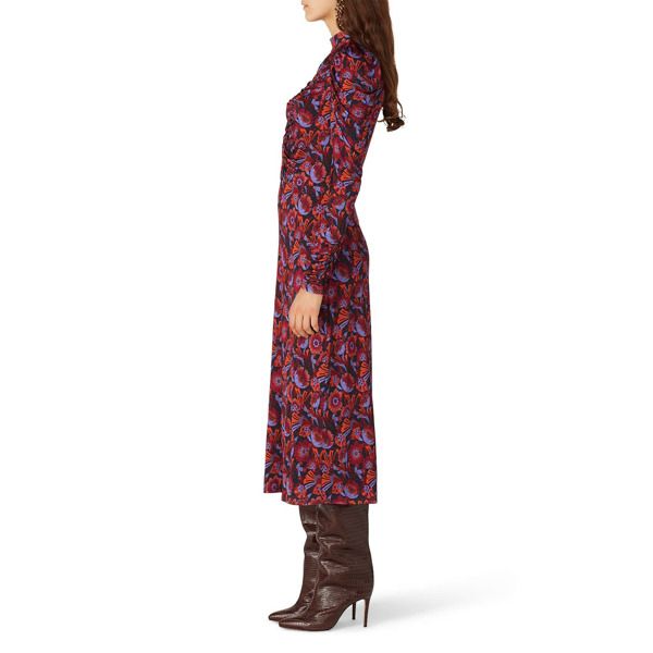 Multicolor printed jersey (95% Viscose, 5% Spandex). Hourglass. Long sleeves. High neckline. Hidden center back zipper with hook-and-eye closure. 47" from shoulder to hemline. Imported. Dress Stand, Tanya Taylor, Rent The Runway, Closet Designs, High Neckline, Purple Dress, Floral Print Dress, Floral Prints, Long Sleeve