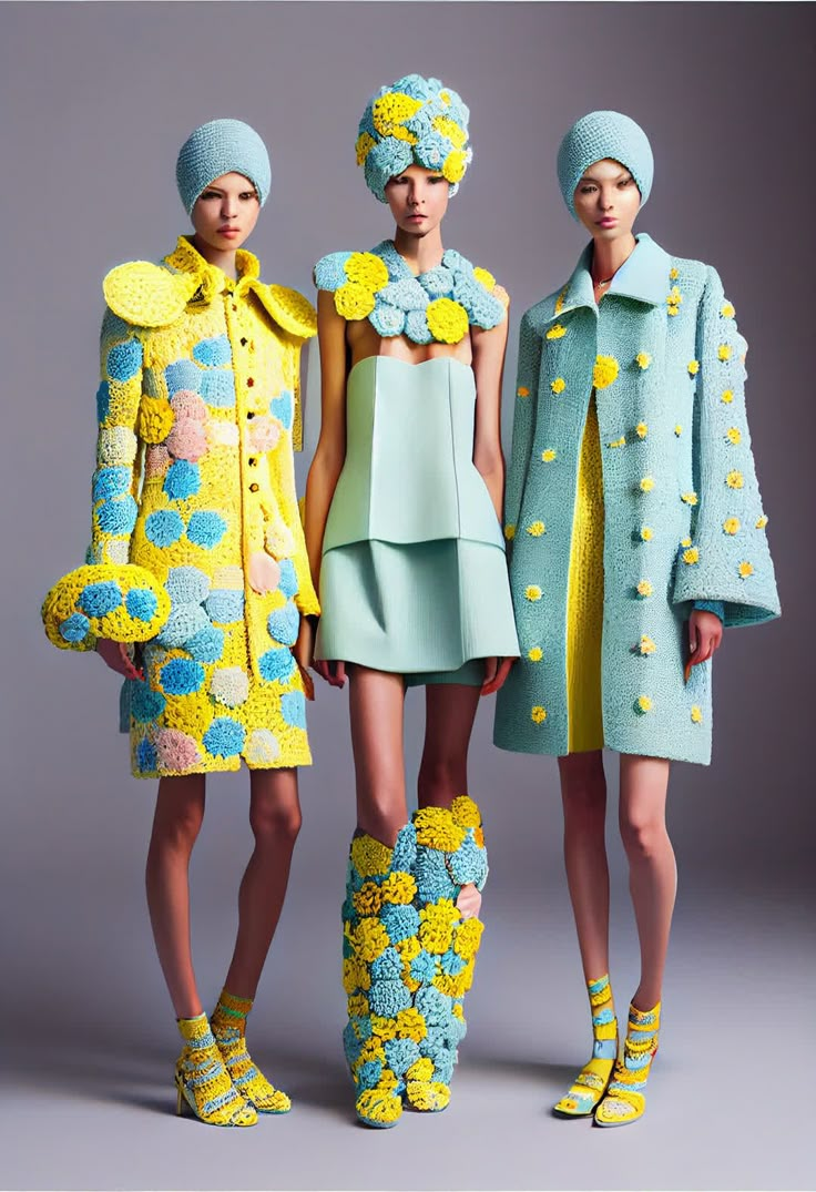 three models in yellow and blue outfits standing next to each other