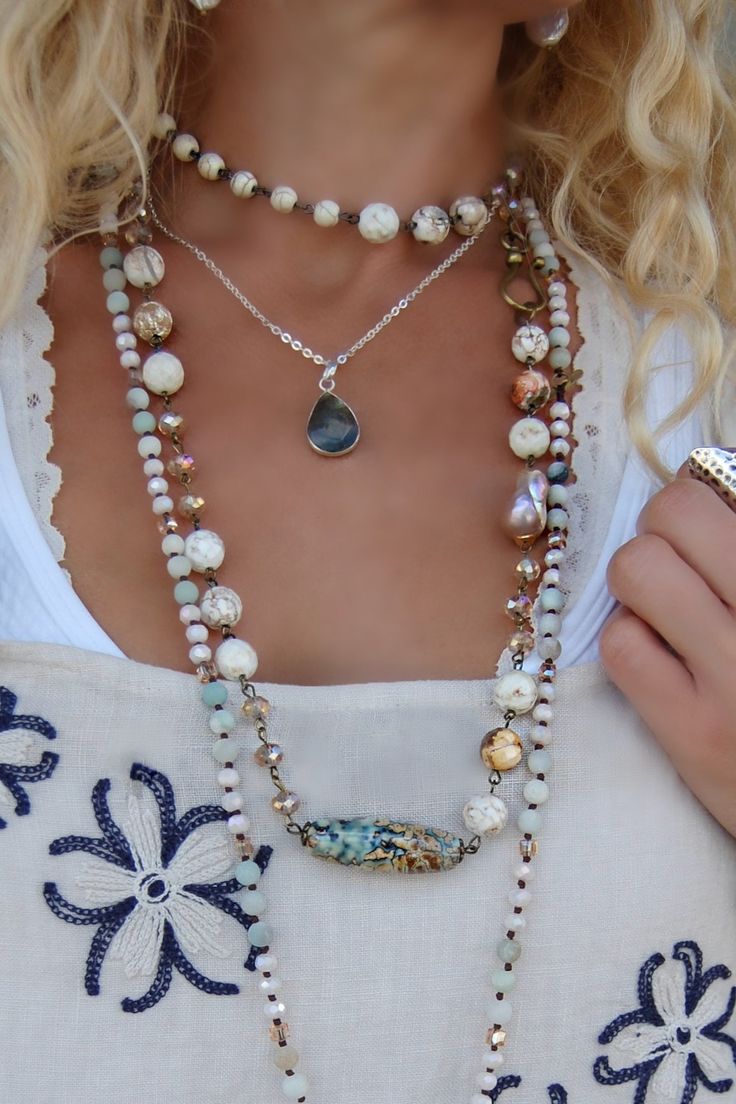 The Lana Pearl Gemstone Layering Necklace ♡ Product Highlights ♡ Our Lana Pearl Gemstone Layering Necklace is the perfect accessory to add to any on-trend bohemian style outfit! Layered with any of our many statement necklaces, of your choosing, the Lana Pearl Gemstone Layering Necklace will be sure to be a wonderful addition to any necklace layering style! ✁ Contents & Measurements ✁ Our Lana Pearl Gemstone Layering Necklace features: • A 42-inch-long gemstone & pearl beaded chain. • An array o Pearl Jacket, Layering Style, Turquoise Bar, Bohemian Style Clothing, Focal Beads, African Turquoise, Necklace Layering, Layered Fashion, Statement Necklaces