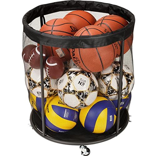 a black basket filled with lots of different types of basketballs and soccer balls in it