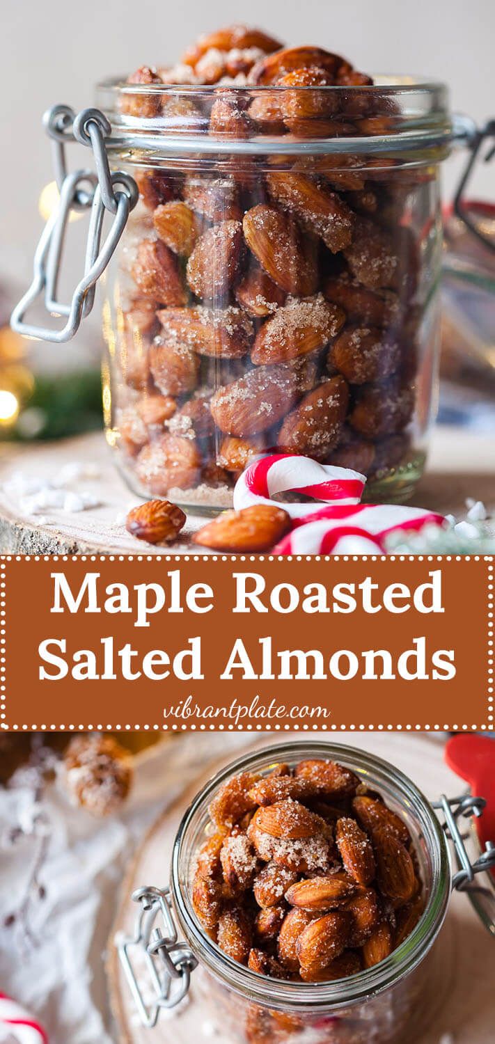 maple roasted salted almonds in a glass jar with candy canes on the side