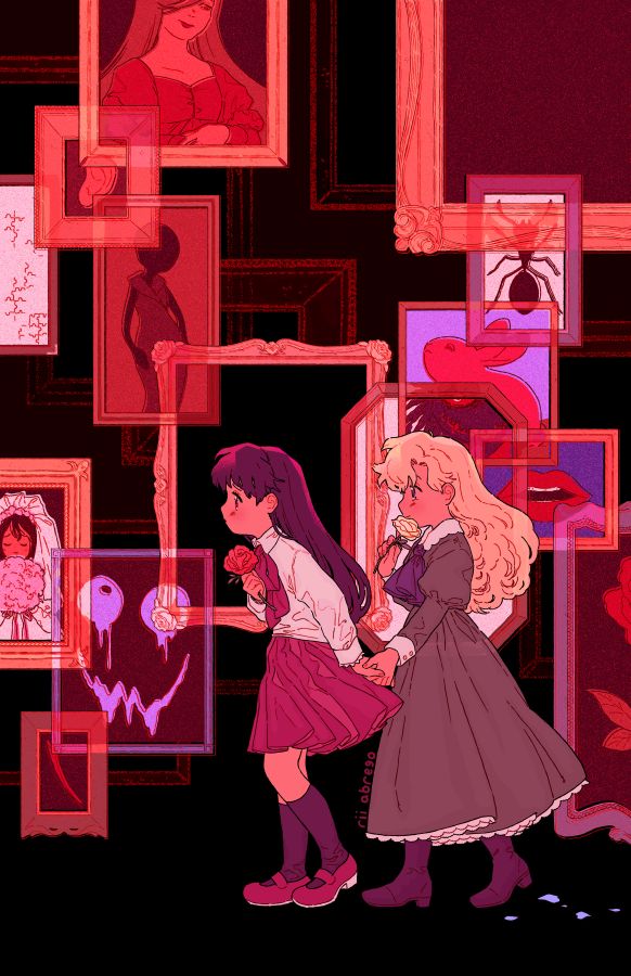 two anime characters are standing in front of some framed pictures and photos on the wall