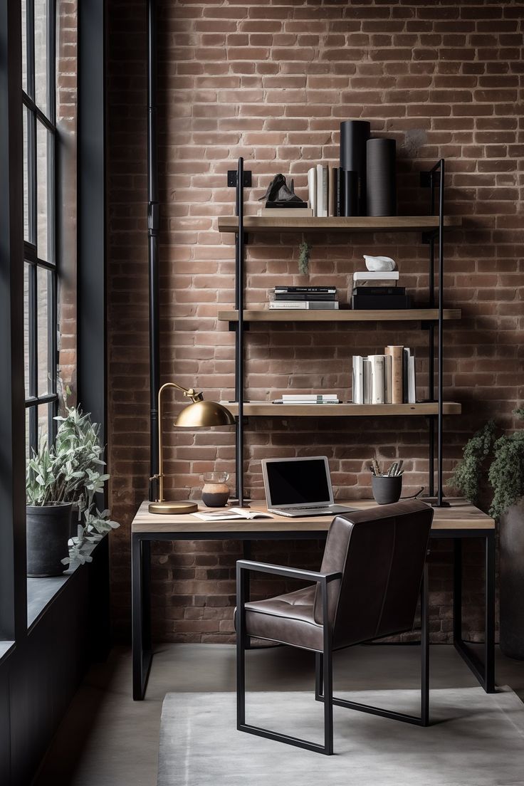 a desk with a laptop and chair in front of a brick wall