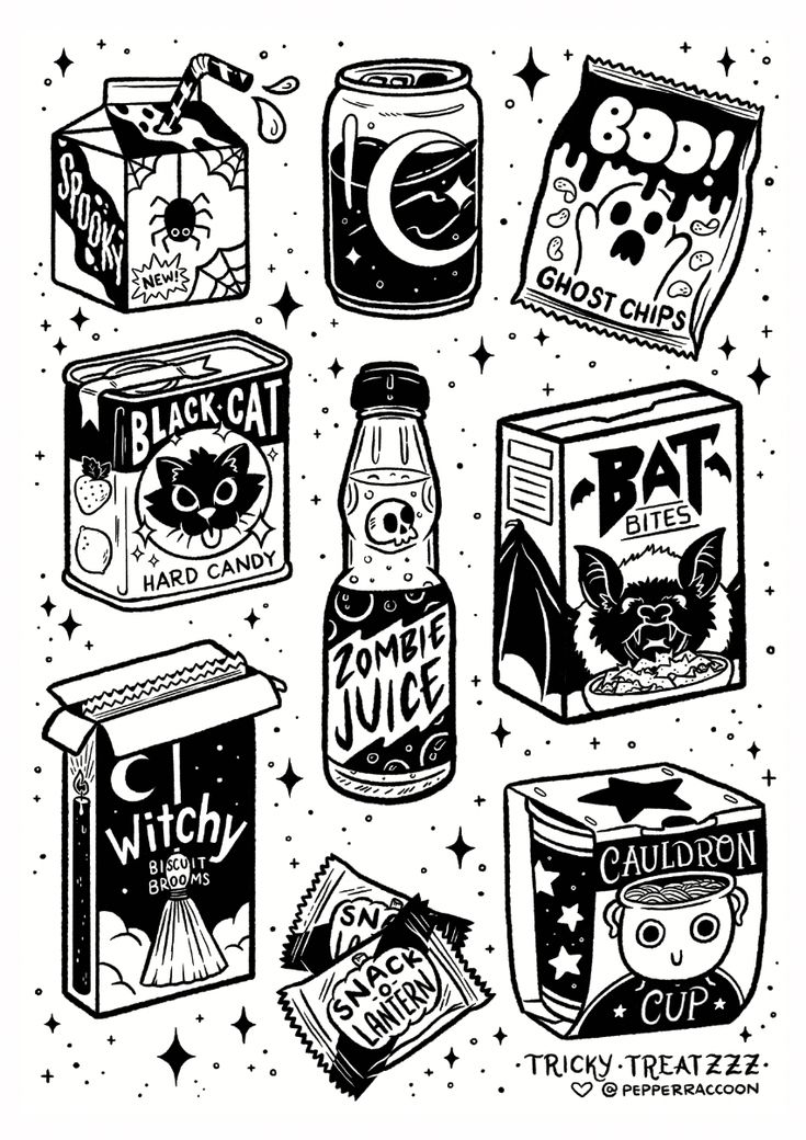 an ink drawing of various types of food and drink items in black and white, with stars on the background