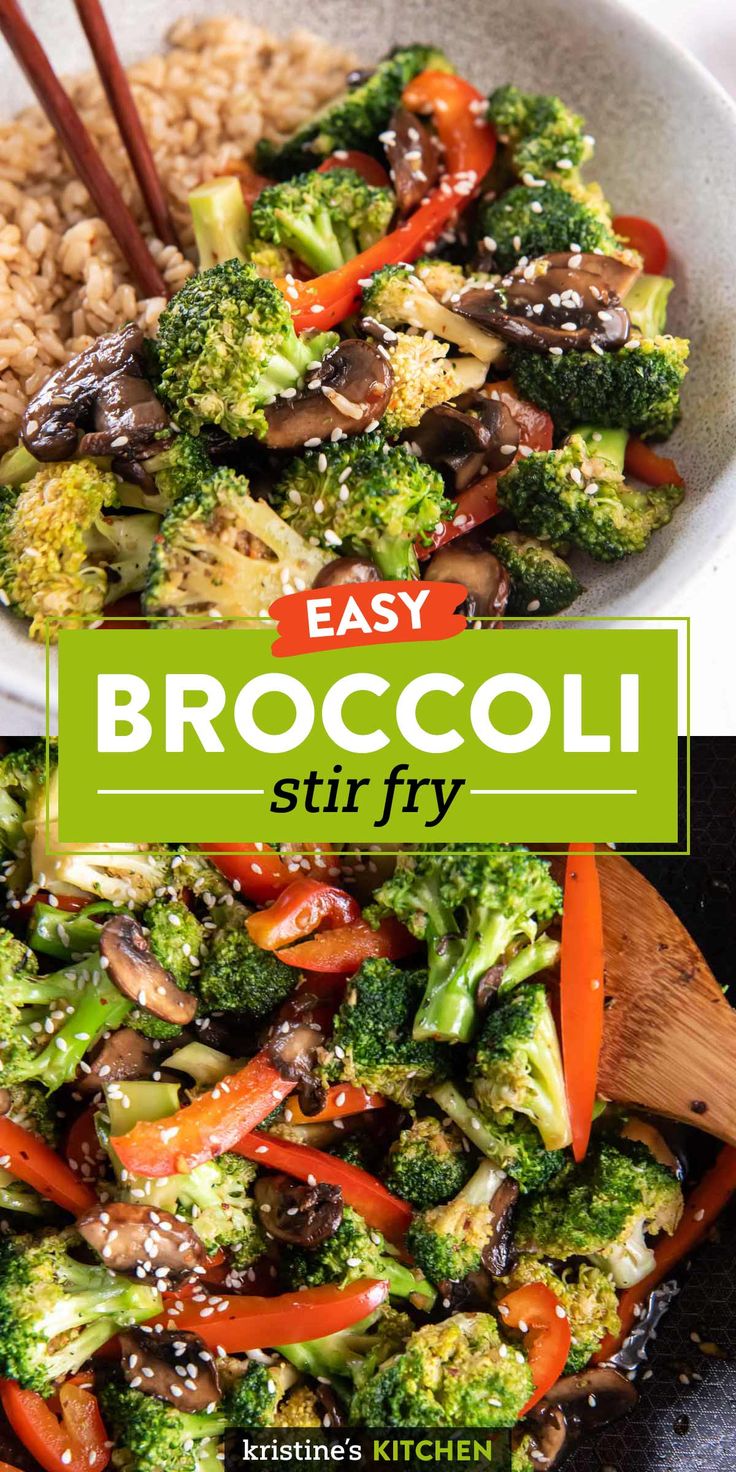 broccoli stir fry in a pan with chopsticks and rice on the side