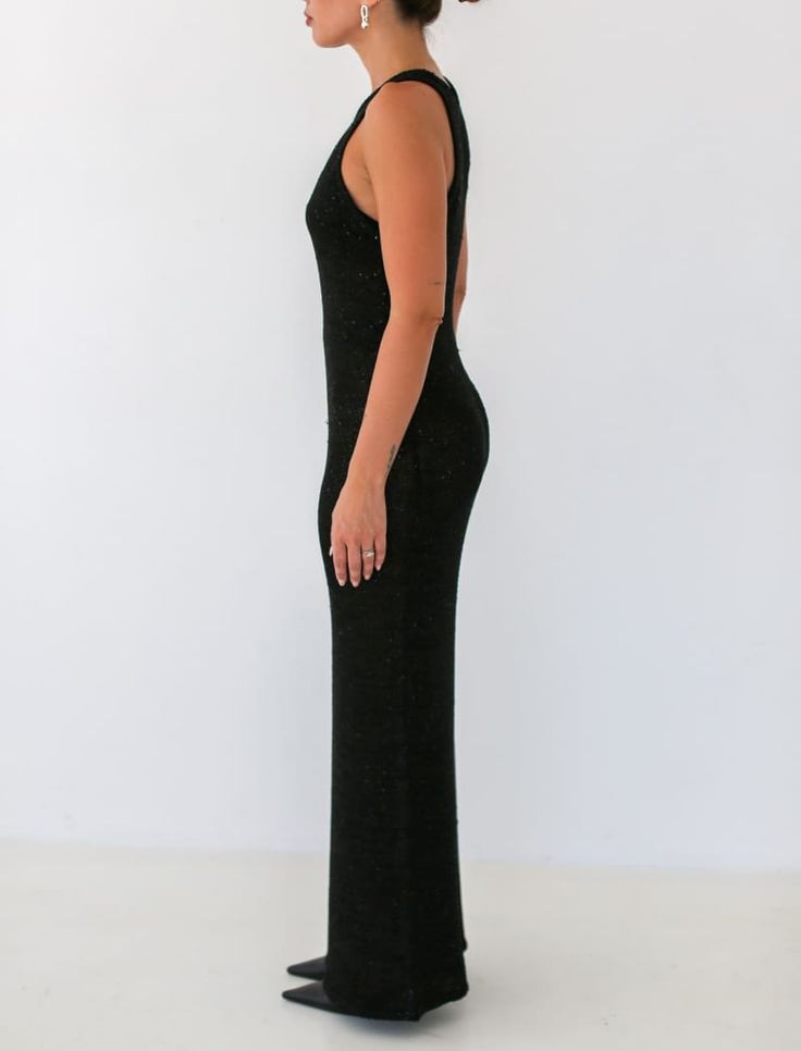 A revamped knit maxi dress featuring a sultry, semi-sheer fabric that’s sprinkled with micro sequins. Embellished Sweaters, Knit Maxi Dress, Maxi Dress Black, Maxi Knit Dress, Sheer Fabric, Sheer Fabrics, Black Sequins, Black Maxi Dress, Fabric Care