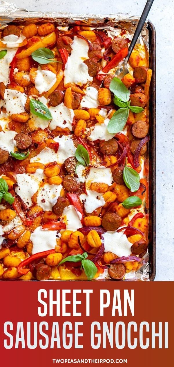 sheet pan sausage gnocchi with basil and cheese