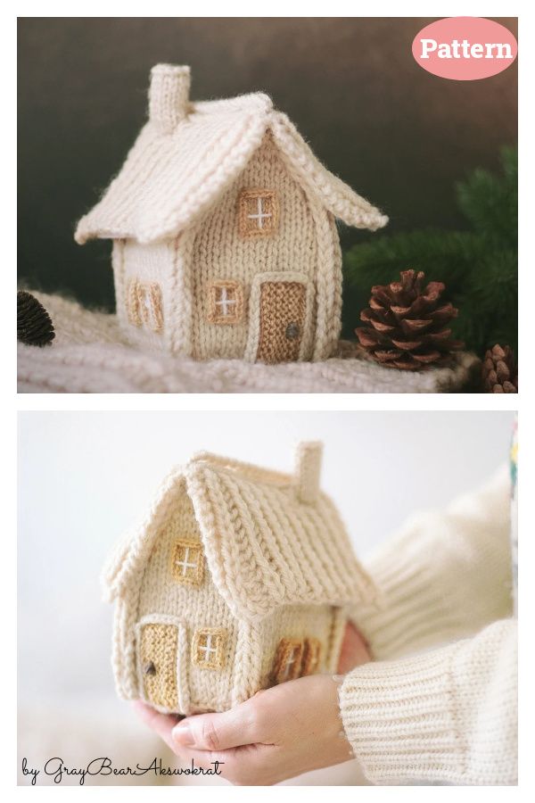 two pictures showing the same house made out of knitted yarn and one is holding a pine cone