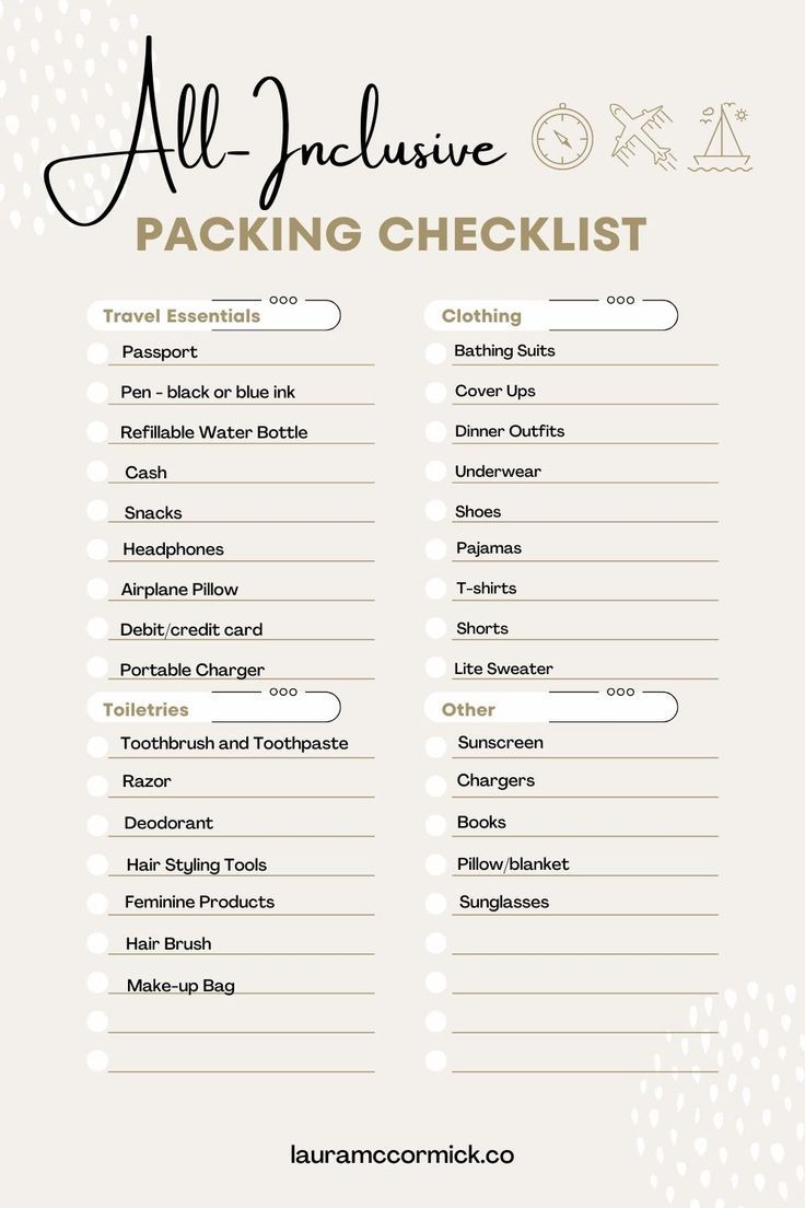 the all inclusive packing checklist is shown in black and white, with text on it