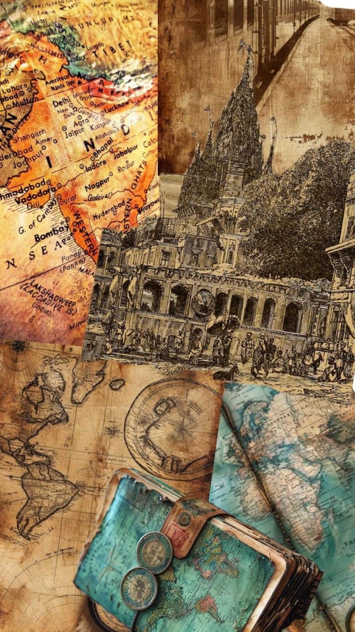 a collage of old maps and other items