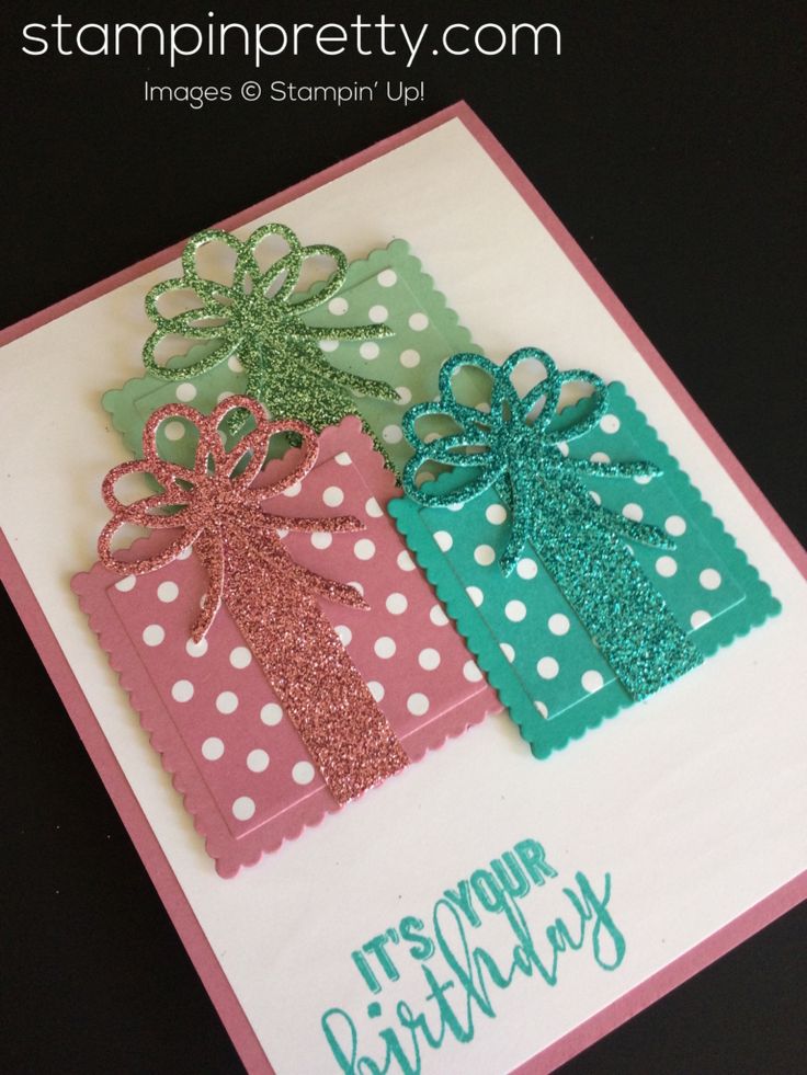 three cards with bows and polka dots on them, one has a happy birthday message