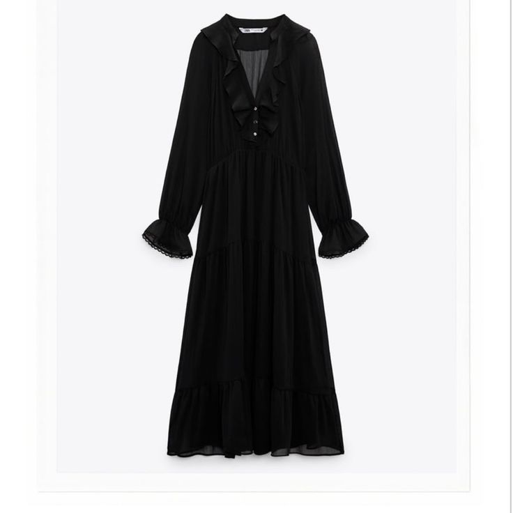 Beautiful Lined Midi Dress With Ruffled Neck, Sleeves, And Bottom. 100% Polyester Elastic At Waist Black Midi Dress With Ruffles, Black Maxi Dress With Ruffles, Chic Black Maxi Dress With Ruffles, Black Ruffled Maxi Dress For Casual Occasions, Black Ruffled Maxi Dress For Date Night, Black Ruffled Dresses For Fall, Black Maxi Dress With Ruffles For Casual Occasions, Black Maxi Dress With Ruffles For Casual Wear, Black Ruffle Maxi Dress For Date Night