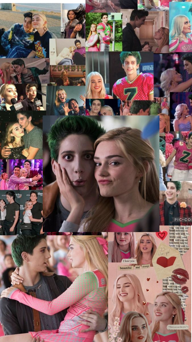 the collage shows many different people and their faces, including one woman with green hair