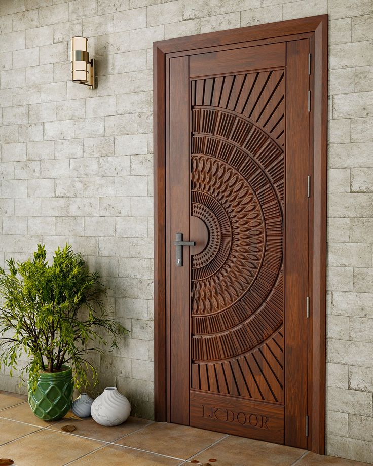 a wooden door sitting next to a potted plant on top of a tiled floor