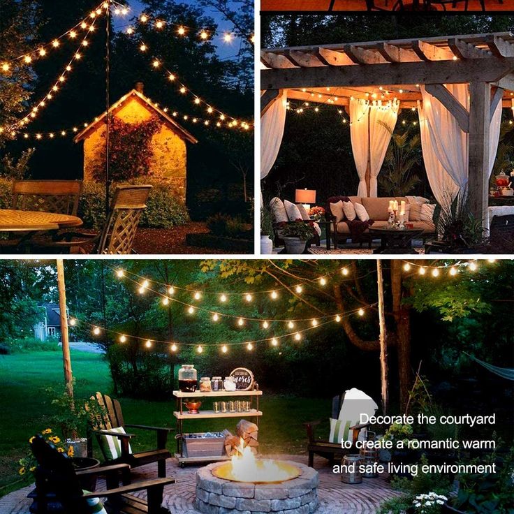 an outdoor fire pit surrounded by string lights