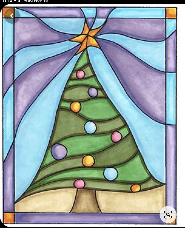 a stained glass window with a christmas tree in the center and stars on it's top