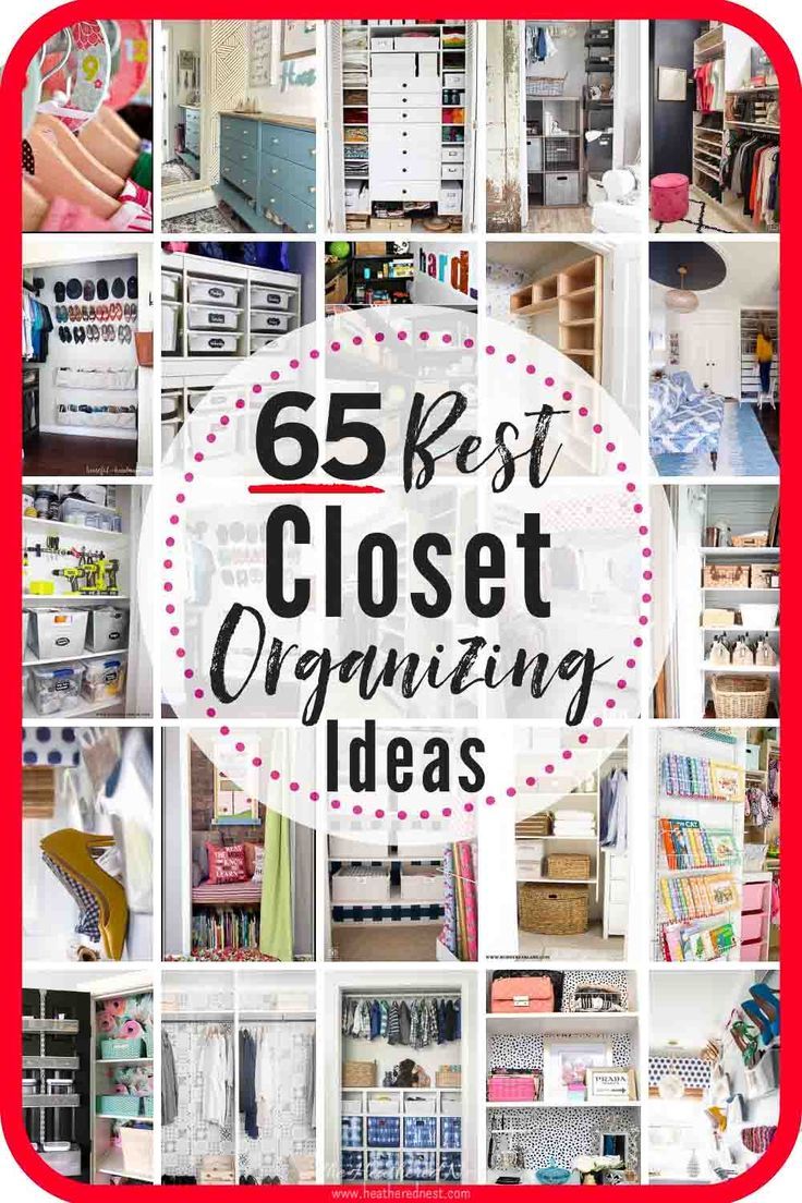 the words, 55 best closet organizing ideas on top of pictures of various items and drawers