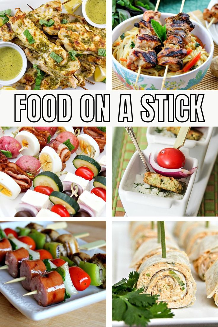 food on a stick is shown in this collage with the words, food on a stick