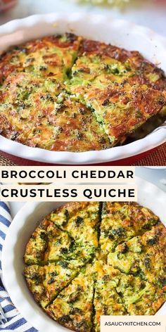 broccoli cheddar crustless quiche in a casserole dish