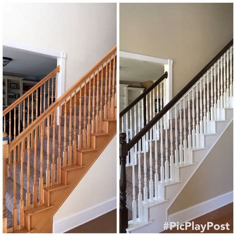 there are two pictures of the same stair case and one is white with wood handrails