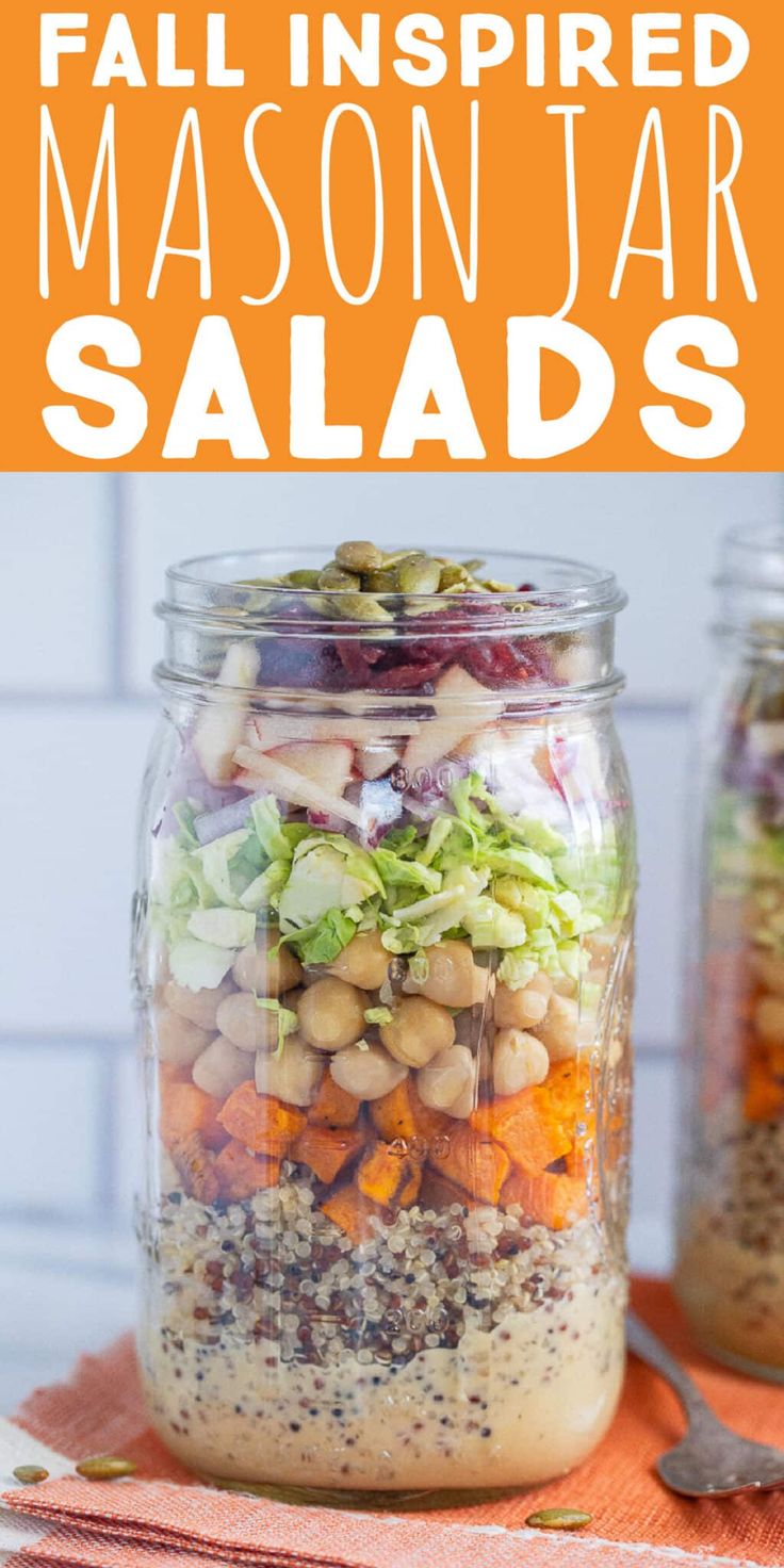 These Fall Inspired Mason Jar Salads are easy to assemble and great for meal prep lunches! They're packed with protein, veggies, vitamins and nutrients. The creamy apple cider vinegar dressing gives these salads a cozy feel, the sweet potato, apples and cranberries add sweetness and the quinoa, chickpeas and brussels sprouts bulk it up. Enjoy this fresh autumn recipe that will fill you up and make you feel good! #masonjarsalad #fallharvestsalad #mealprep #veganlunch #glutenfree Whole 30 Mason Jar Salads, Fall Mason Jar Salads, Hot Mason Jar Meals, Easy Mason Jar Lunch Ideas, Jar Salad Meal Prep, Jar Salads Mason Healthy Lunches, Meal Prep Mason Jars Recipes, Mason Jar Salads For A Week, Mason Jar Lunch Ideas