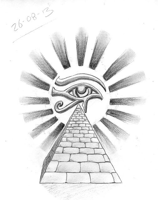 an all seeing eye on top of a pyramid with the sun coming out from behind it