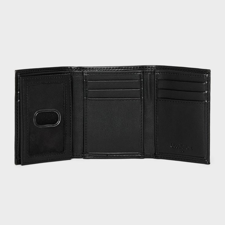 Carry your cards and money in comfortable style with this Extra-Capacity Trifold Wallet from Goodfellow & Co™. This tri-fold wallet features multiple card slots, ID pocket and a bill compartment, while the tri-fold design lends it a non-bulky feel, making it easier to slip in the front or rear pockets of your trousers. Best of all, it features RFID blocking that helps prevent your cards and IDs from digital theft. Showcasing a faux-leather finish in black, it's sure to bring classic style to you Black Trifold Wallet For Travel, Black Trifold Travel Wallet, Black Trifold Wallet With Coin Pocket, Black Trifold Wallet With Interior Card Slots, Trifold Wallet With Card Slots For Travel, Travel Trifold Wallet With Card Slots, Black Trifold Card Holder, Trifold Wallet With Card Slots, Leather Finish