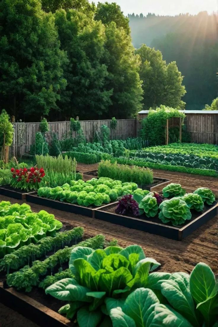 an outdoor garden with lots of green plants and trees in the background, including lettuce