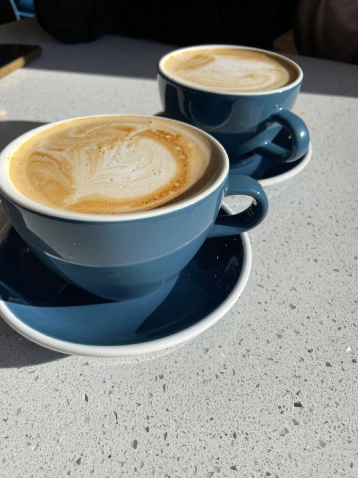 two cups of cappuccino sit on a saucer