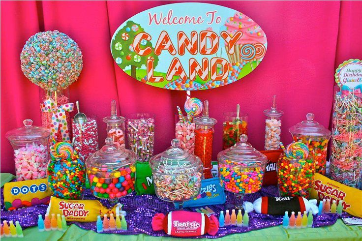 a candy land display with lots of candies and lollipops