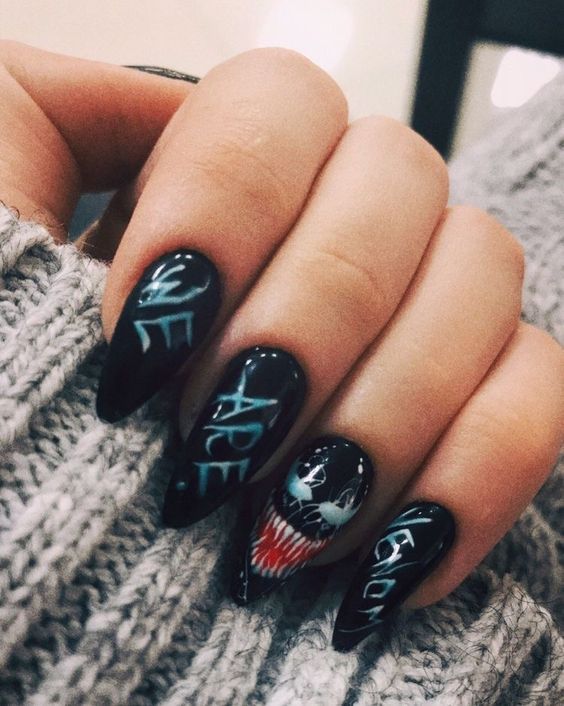 Marvel Acrylic Nails, Venom Nail Art, Marvel Nails Designs, Marvel Nail Art, Loki Nails, Venom Nails, Aries Nails, Supernatural Nails, Avengers Nails