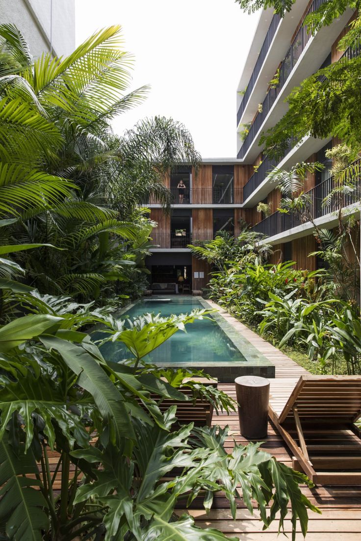 an outdoor swimming pool surrounded by greenery and trees in the middle of a building