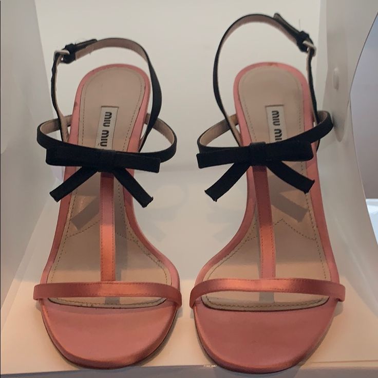 Stunning Pink And Black Evening Shoe Miu Miu Open Toe Sandals For Summer, Miu Miu Ankle Strap Leather Sandals, Miu Miu Designer Open Toe Sandals, Chic Pink T-strap Sandals, Chic Miu Miu Leather Sandals, Designer Pink Slingback Heels, Elegant Miu Miu Ankle Strap Sandals, Miu Miu Open Heel Summer Heels, Miu Miu Open Heel Heels For Summer