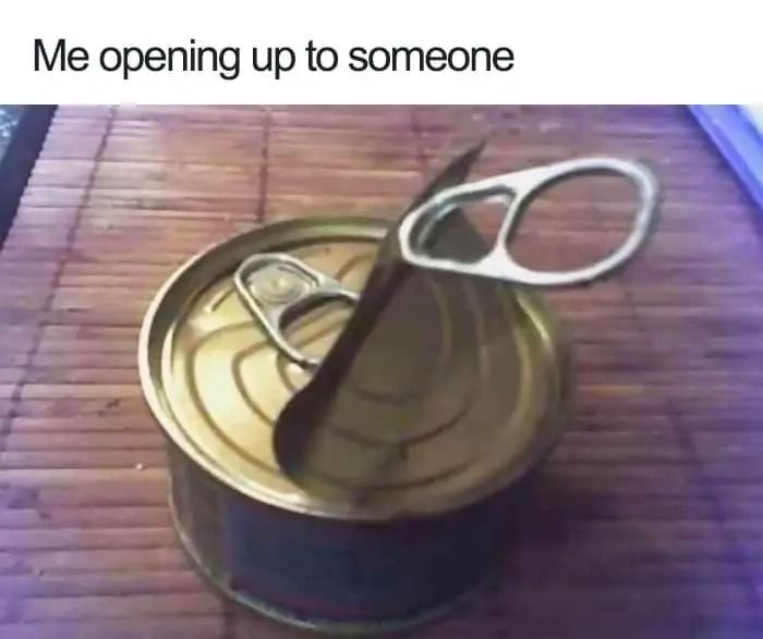 a pair of scissors sitting on top of an open can of soda with the caption me opening up to someone