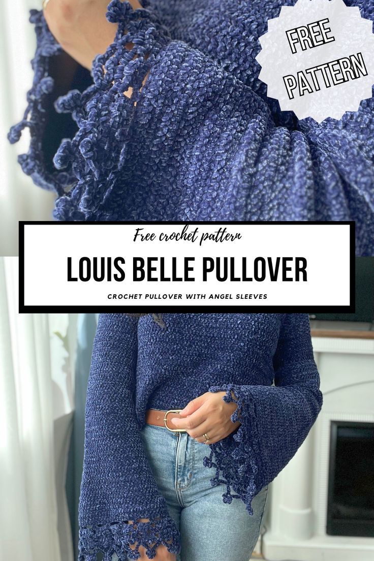 a woman wearing a blue sweater and jeans with the text free crochet pattern