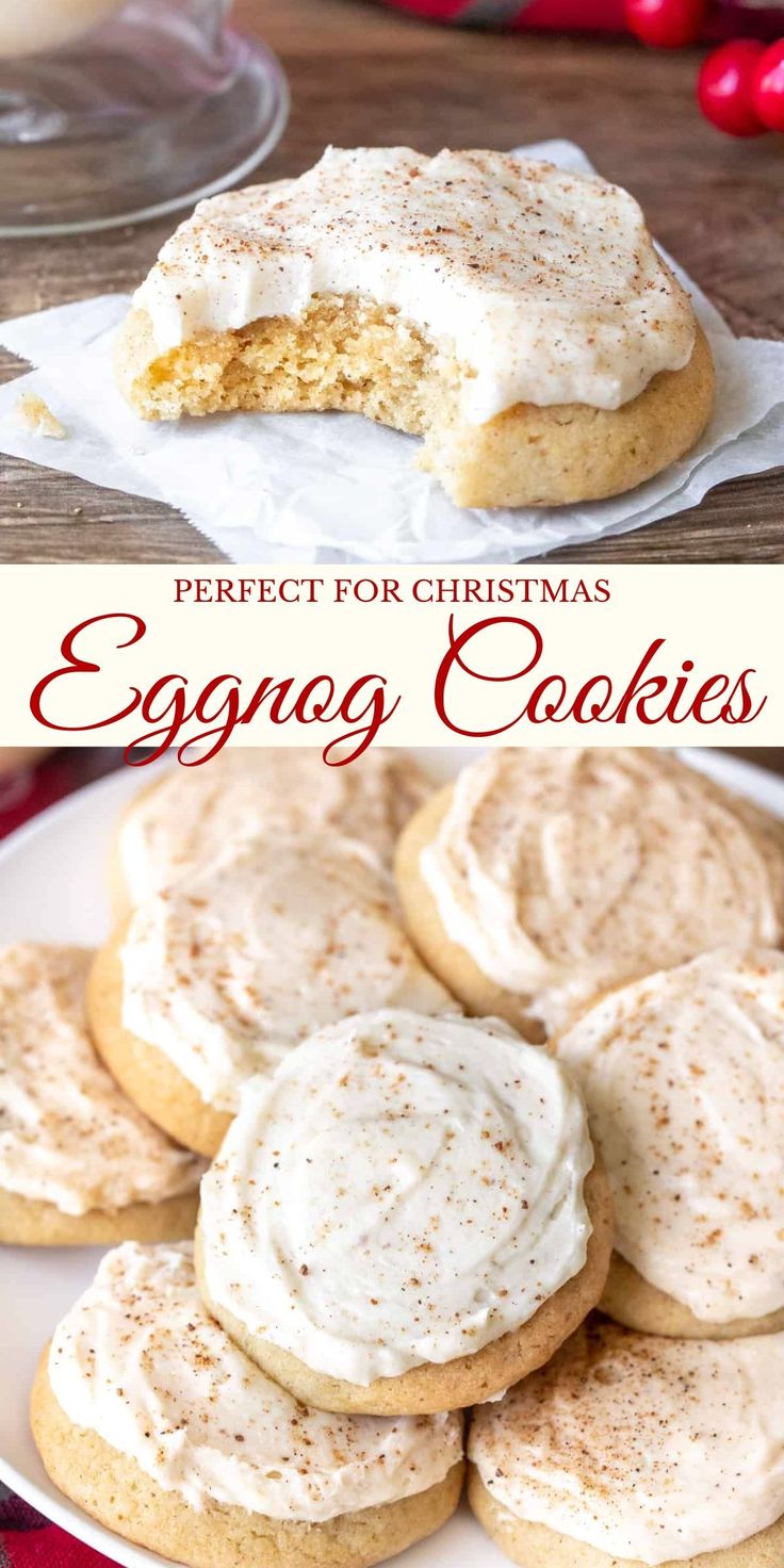 an eggnog cookie with frosting on top is shown in this collage