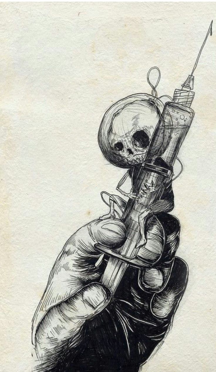 a drawing of a hand holding a syring with a skull on it's head