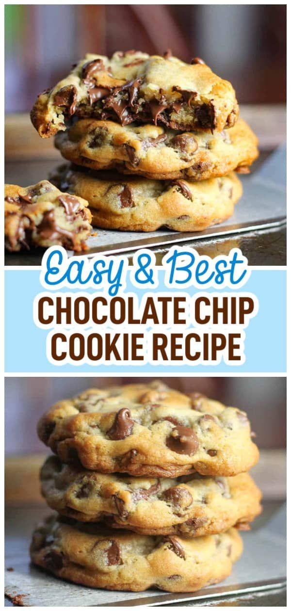 chocolate chip cookies stacked on top of each other with the words easy and best chocolate chip cookie