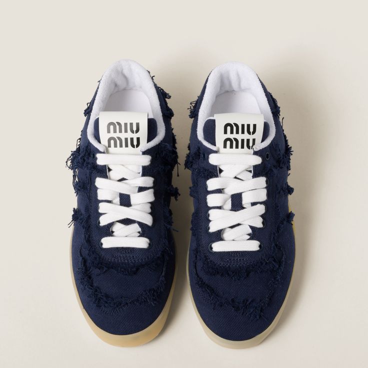 Designer Clothes Aesthetic, Shoes With Charms, Miu Miu Sneakers, Miu Miu Denim, Fraying Fabric, Sneakers Aesthetic, Sneakers 2024, Designer Shoes Sneakers, Denim Sneakers