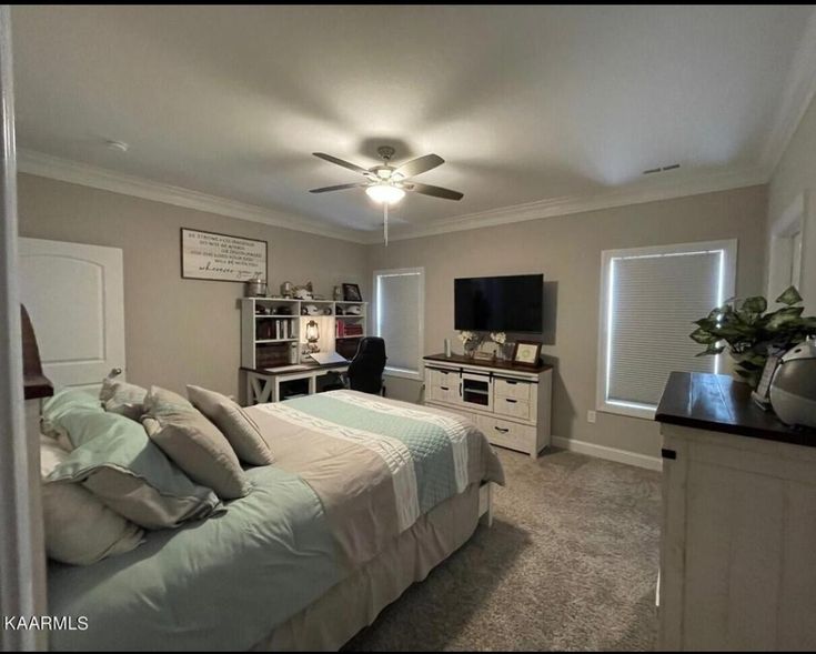 a bedroom with a bed, desk and television in it